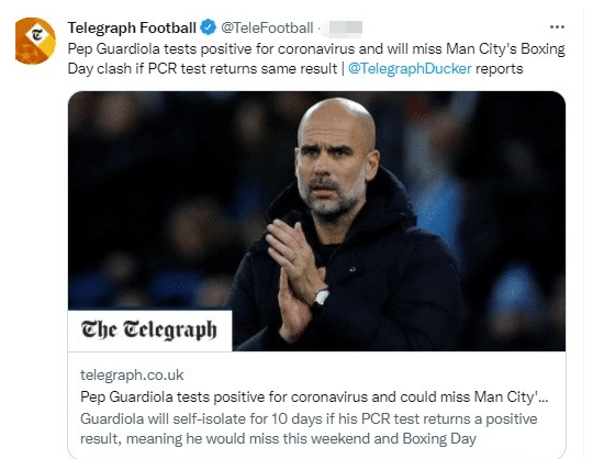 瓜迪奥拉新冠检测呈阳性，将缺席多场比赛