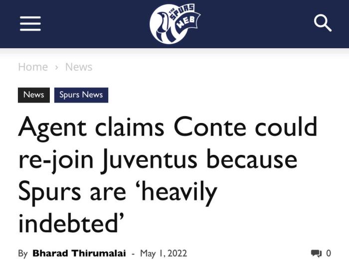 相关人士：热刺负债累累，孔蒂可以考虑离开了