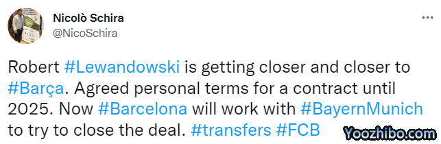 名记：莱万与巴萨谈妥个人条款，两支俱乐部将谈判