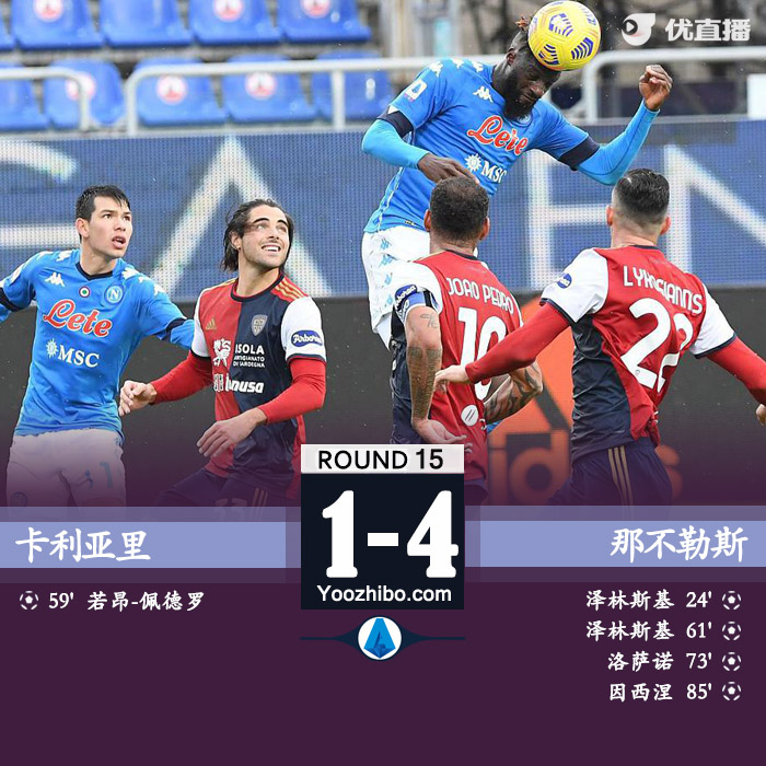 意甲简报：那不勒斯4-1卡利亚里 泽林斯基双响洛萨诺进球