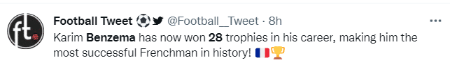 本泽马生涯获28冠，是历史上冠军最多的法国球员