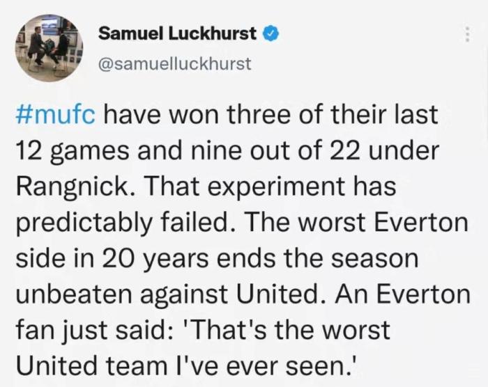 记者：近20年最差的埃弗顿本赛季对曼联保持不败