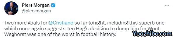 摩根：滕哈赫为韦霍斯特抛弃C罗的决定是足球史上最糟糕决定之一