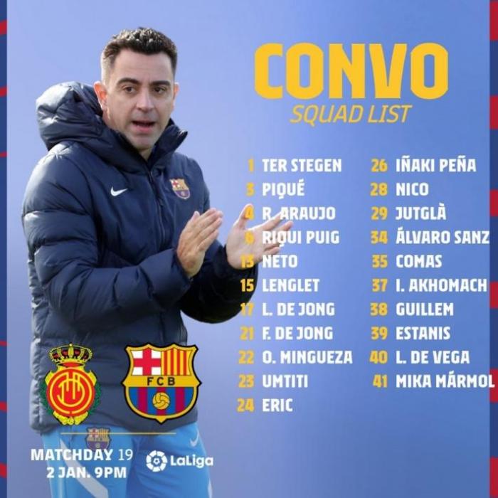 巴萨联赛大名单：一线队仅11人，朗格莱回归