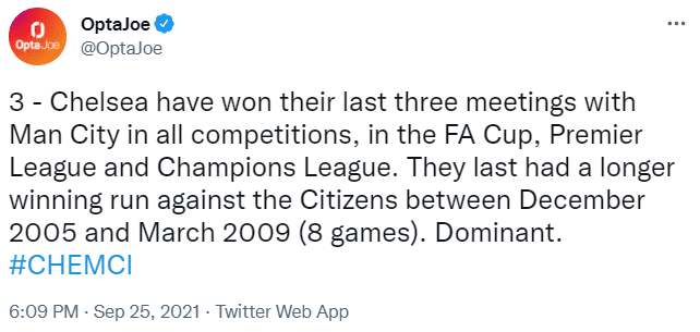 切尔西对曼城已取3连胜，创12年来最长纪录