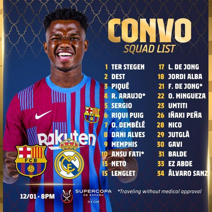 巴萨官方：佩德里、德容、费兰、法蒂均可出战皇马