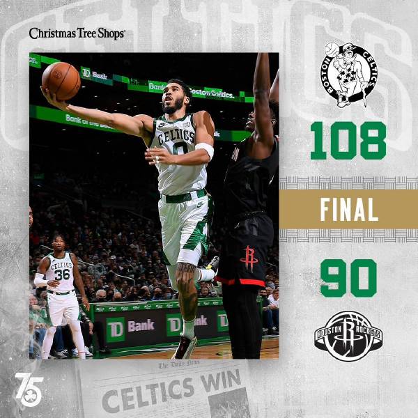 绿军108-90战胜火箭 塔图姆30+6 布朗复出19分 布鲁克斯17分