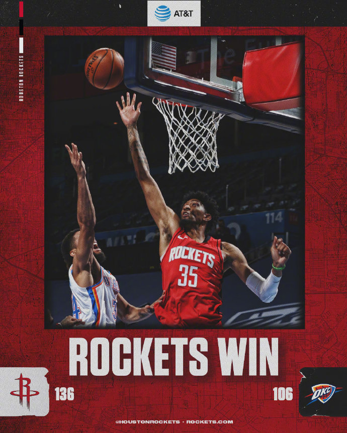 火箭136-106大胜雷霆 戈登25分 火箭28记三分