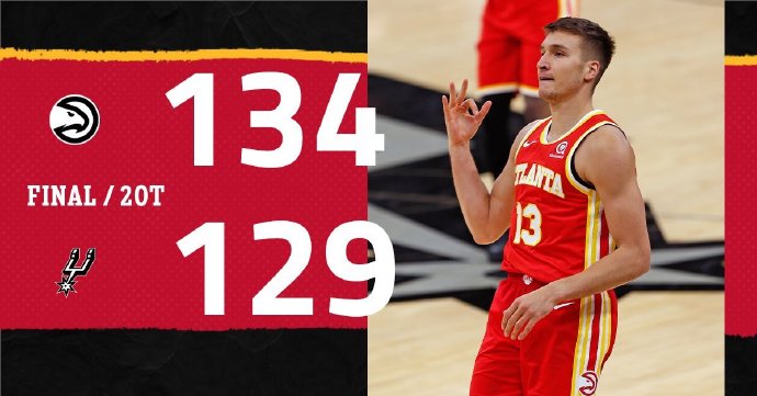 老鹰134-129战胜马刺 特雷-杨28+12 卡佩拉28+17