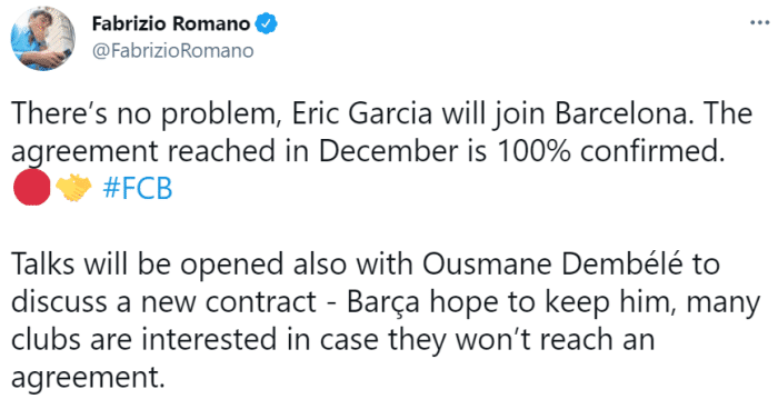 罗马诺: 巴萨将与登贝莱谈续约, 多队在关注该球员