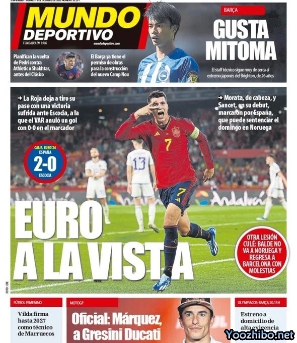 世体头版:巴萨正密切关注日本国脚三笘薰