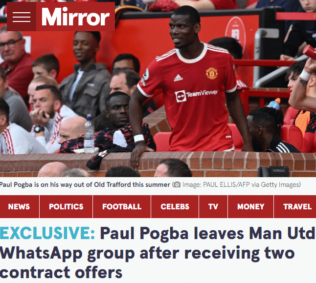 镜报：博格巴决定离开曼联，已退出球队群聊