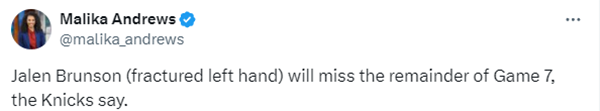 尼克斯抢七惨烈落败，布伦森左手伤退，哈特带伤六犯离场