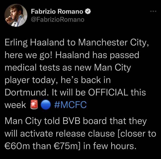 哈兰德已通过曼城体检！买断费6千万欧，周薪未超37.5万镑