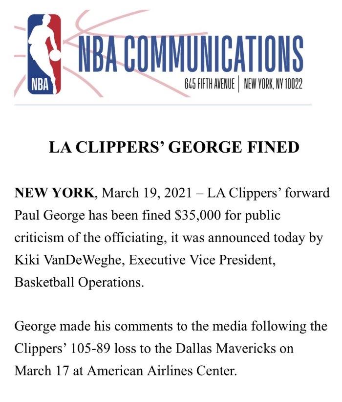 官宣！乔治被罚款3.5万，多次喷裁判+讽刺哈登假摔，快船引援锁定球哥！