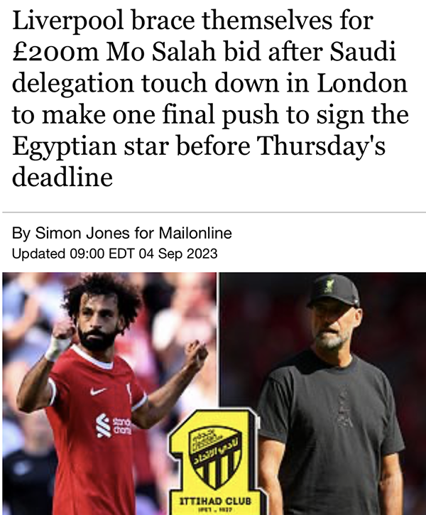 沙特2亿镑正式报价萨拉赫，已抵英国谈判，盼3天内敲定