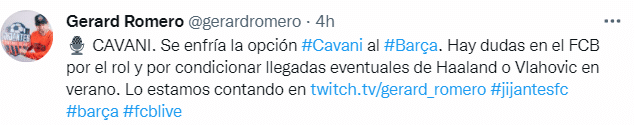 跟队记者：巴萨不买卡瓦尼了，怕影响球队签哈兰德