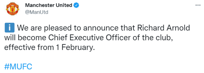 曼联官方：阿诺德将成为球队新任CEO
