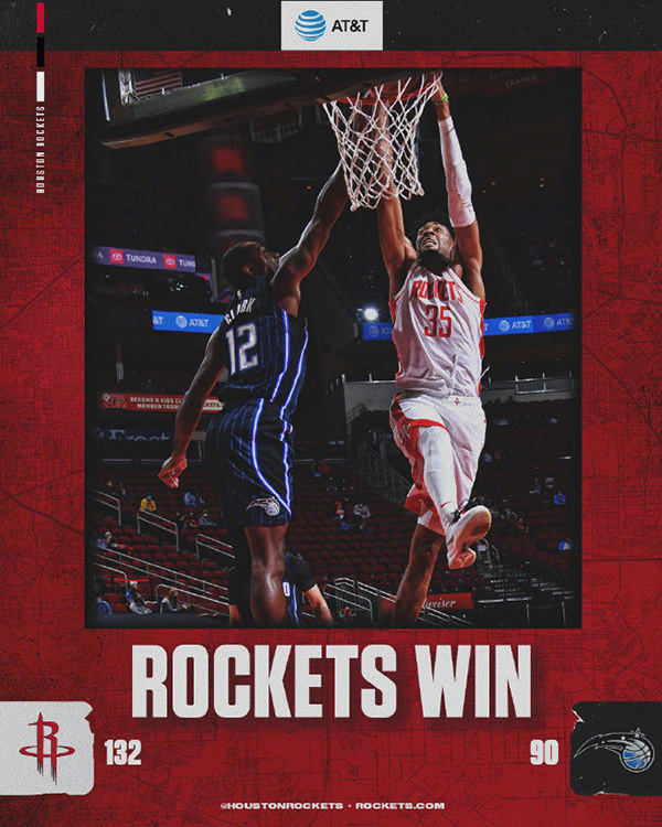 火箭132-90轻取魔术 伍德22+15 哈登三节15+5+13