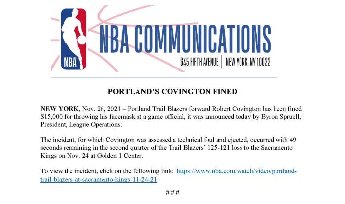 NBA官宣罚款！考文顿怒扔面具被罚1.5万美元，被驱逐五大数据全是0