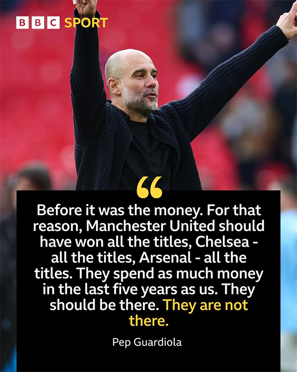 曼城成功仅靠钱？瓜帅驳斥：若如此曼联切尔西阿森纳应包揽冠