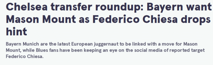 德媒：拜仁有意签下切尔西中场芒特