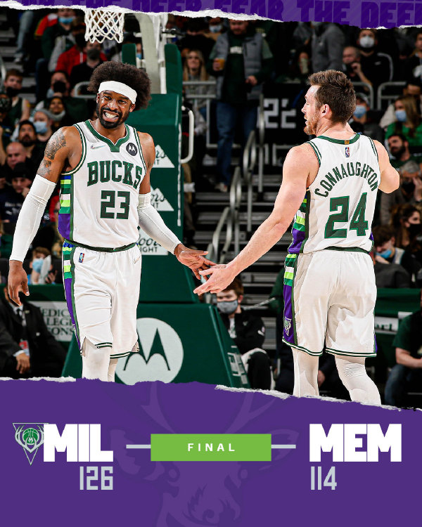 雄鹿126-114终结灰熊 字母哥33+15+7 米德尔顿27+7+7 莫兰特33+8+14