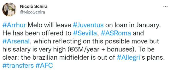 斯基拉：阿图尔被推荐给阿森纳等队