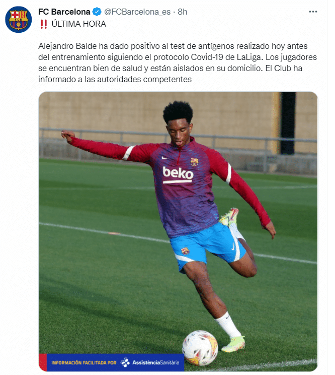 巴萨官方：球队小将亚历杭德罗-巴尔德新冠阳性