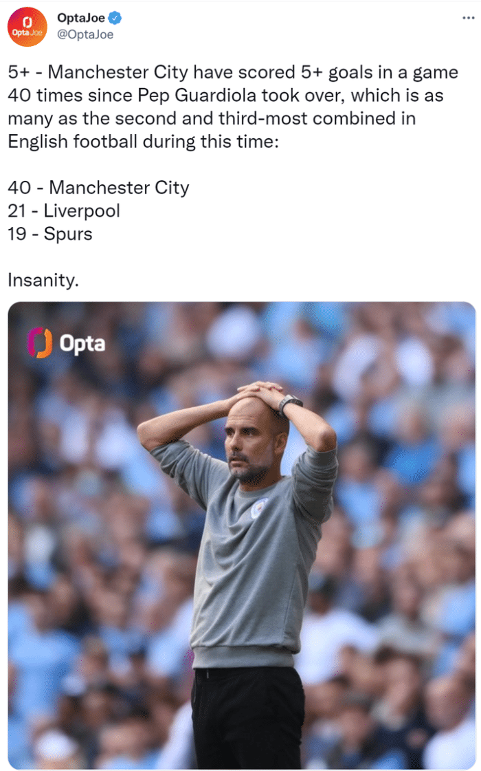 强得离谱！瓜帅上任后曼城已经40次单场进5球