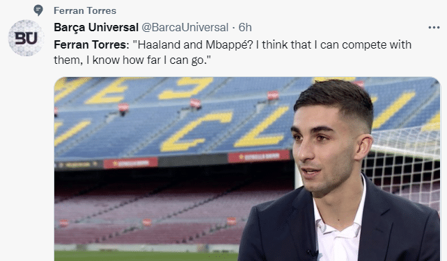 费兰-托雷斯：自己可以和姆巴佩以及哈兰德竞争