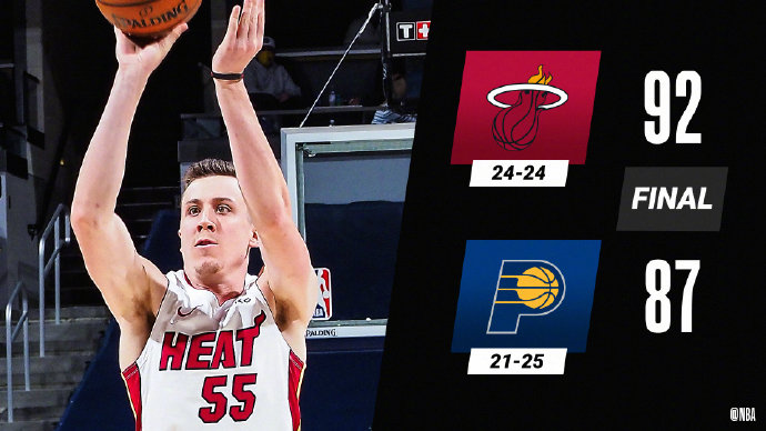 热火92-87战胜步行者 邓罗20+8 阿德巴约16+8+7