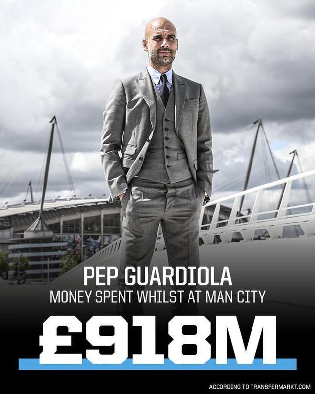 入主曼城以来，瓜迪奥拉已花费9.18亿英镑买人