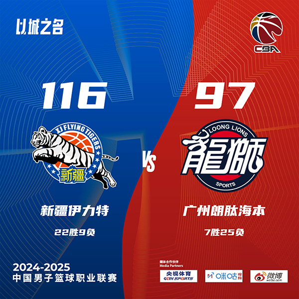 新疆116-9战胜广州 赵睿19+7 齐麟19分 郭艾伦11中2&6+8