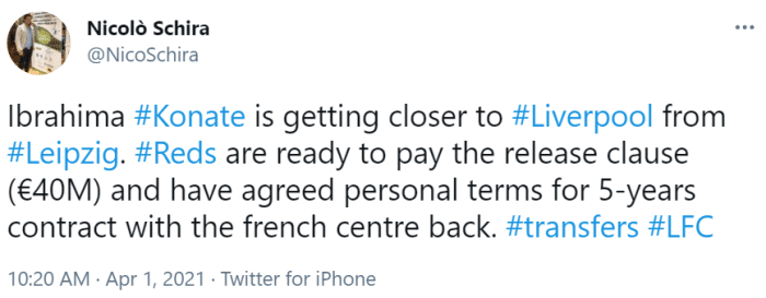 斯基拉: 利物浦接近四千万欧激活科纳特解约金