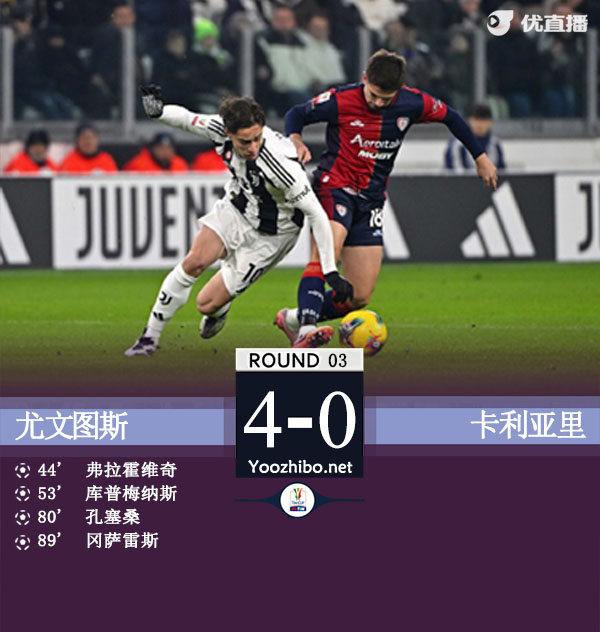 尤文4-0卡利亚里进8强 DV9破门库普梅纳斯任意球世界波