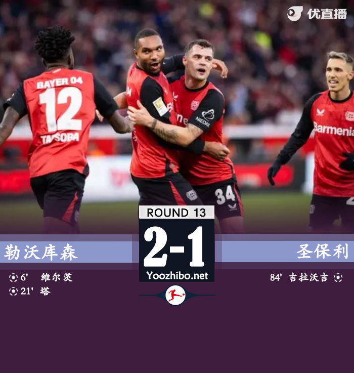 勒沃库森2-1圣保利各项赛事5连胜 维尔茨破门塔头球建功