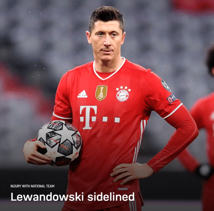 拜仁官方: 莱万右膝韧带损伤, 将缺阵四周