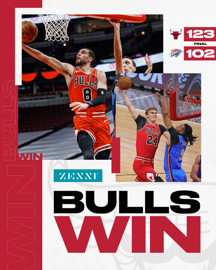 公牛123-102大胜雷霆 拉文三节打卡40分 马尔卡宁22+5