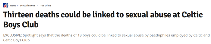 外媒：13人的死亡可能和在凯尔特人遭性虐有关