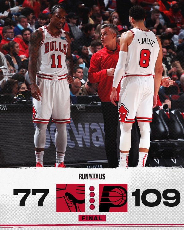 步行者109-77大胜公牛 小萨博尼斯21+11 德罗赞18分 拉文17分