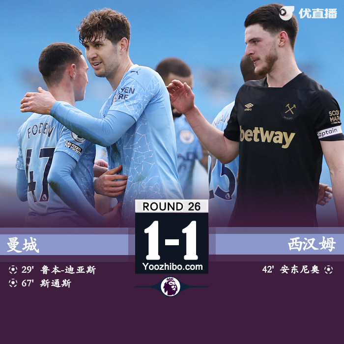 曼城2-1西汉姆 迪亚斯头槌斯通斯建功