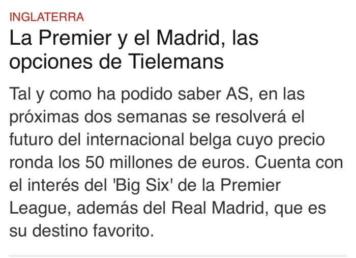 阿斯：皇马和英超六巨头均有意蒂莱曼斯