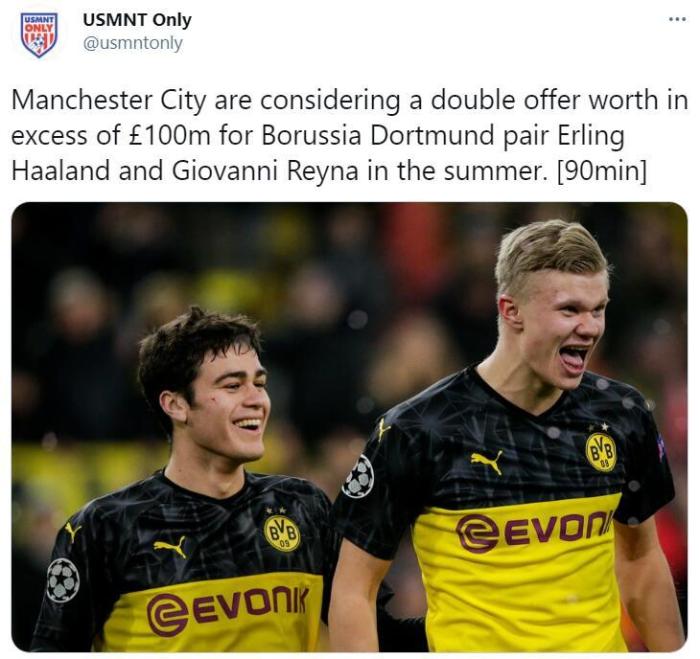 英媒: 曼城可能今夏从多特打包引进哈兰德和雷纳