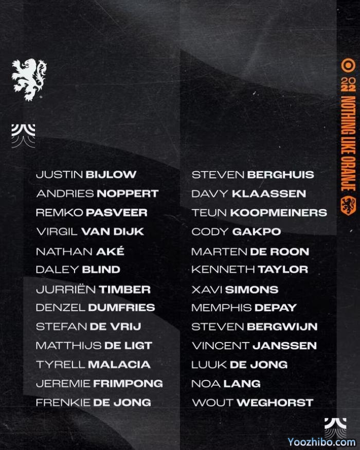 荷兰队26人世界杯名单：德容范迪克领衔