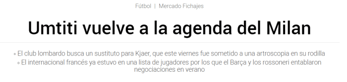 每体：米兰有意签下乌姆蒂蒂，应对克亚尔的缺阵