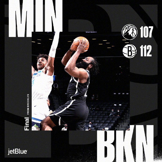 篮网112-107战胜森林狼 哈登38+11+13 唐斯31+12 欧文27+7