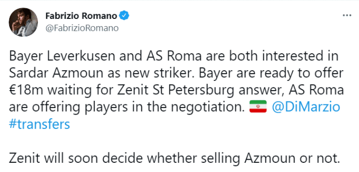 罗马诺：罗马与药厂均有意伊朗国脚阿兹蒙