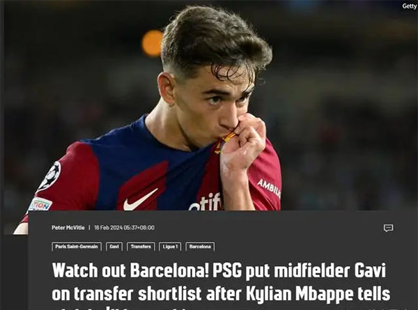 TA：巴黎已将巴萨19岁中场加维列入夏季转会窗口的目标候选名单