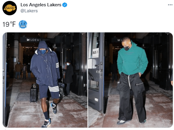 ！湖人官方晒入场照，36岁詹姆斯零下7度仍穿短裤配上冷得发抖表情